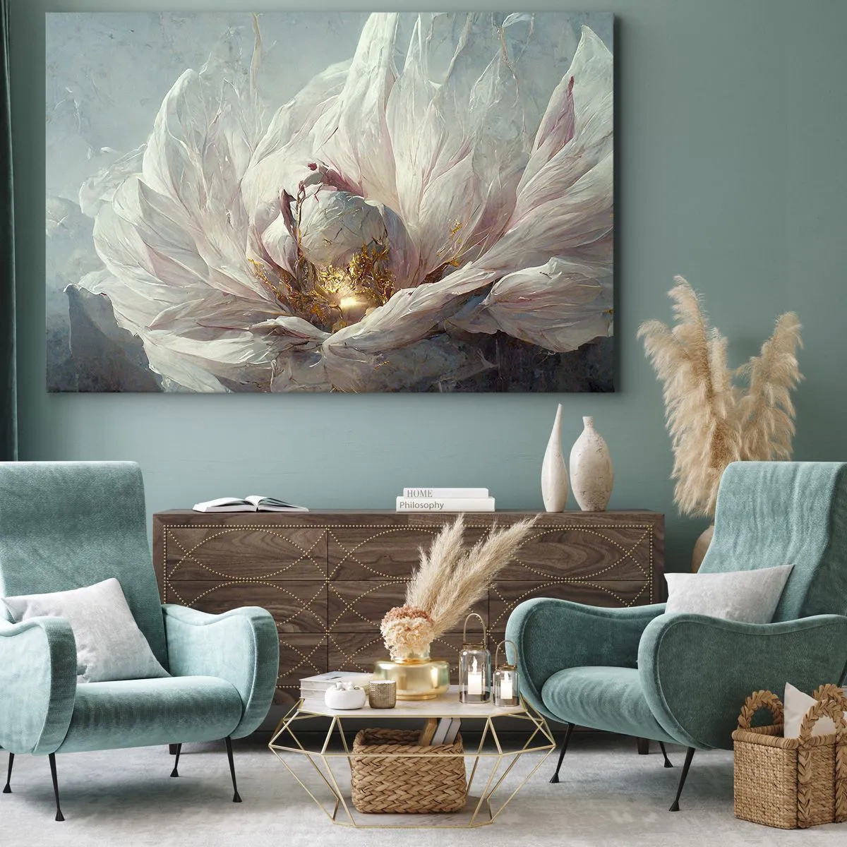 Cuadro sobre lienzo - Impresión de Imagen - Una delicada flor blanca con sutiles acentos dorados. - 70x50cm - Florece una vez cada cien años - Decoración de pared moderna para salón y dormitorio ARTTOR