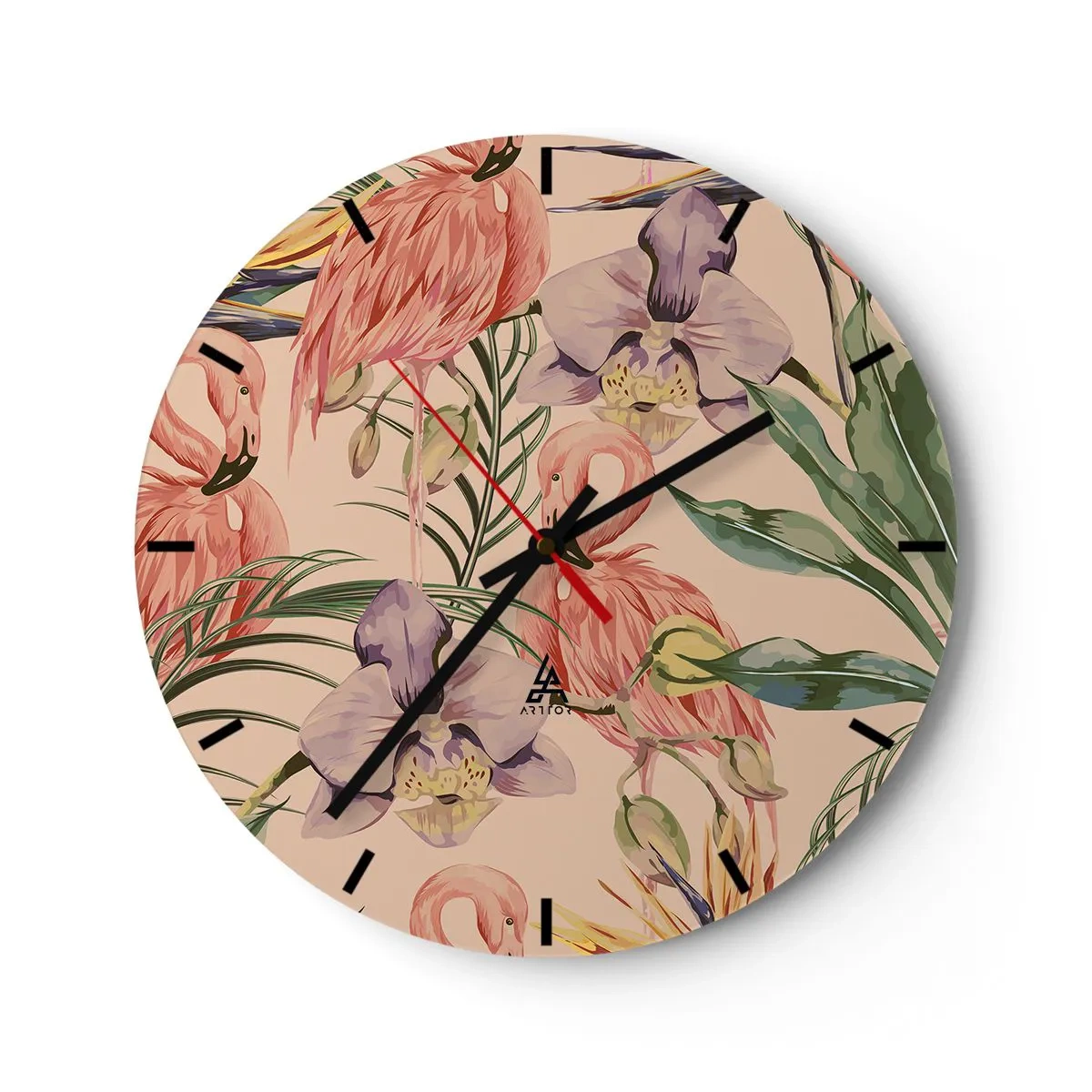 Reloj de pared - Reloj de vidrio - Flamencos y flores sobre fondo beige. - 30x30cm - Un ballet rosa en flores - Decoración de pared moderna para salón, cocina y dormitorio ARTTOR
