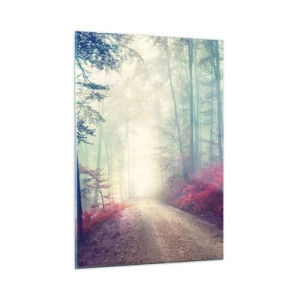 Cuadro sobre vidrio - Impresiones sobre Vidrio - Camino forestal en la niebla con acentos rojos - 50x70cm - Qué bueno es levantarse al amanecer - Decoración de pared moderna para salón y dormitorio ARTTOR