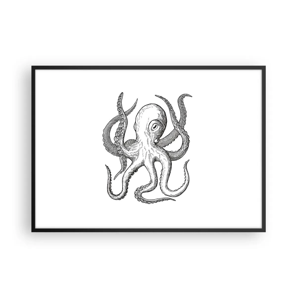 Póster en marco negro - Dibujo en blanco y negro de un pulpo sobre un fondo blanco en estilo vintage. - 100x70cm - Bailando con olas - Decoración de pared moderna para salón y dormitorio ARTTOR