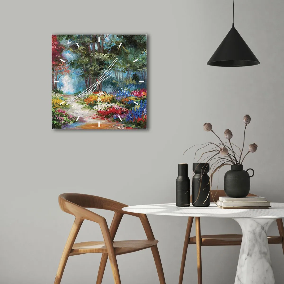 Reloj de pared - Reloj de vidrio - Jardín forestal, bosque floral - 30x30 cm