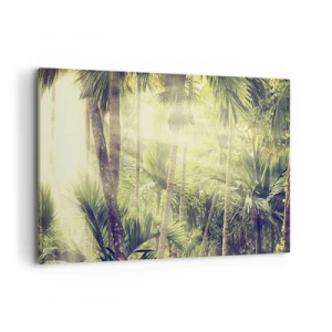 Cuadro sobre lienzo - Impresión de Imagen - Rayos de sol en un bosque tropical de palmeras - 100x70cm - En el cálido verde - Decoración de pared moderna para salón y dormitorio ARTTOR