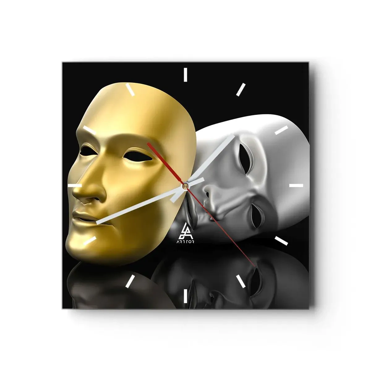 Reloj de pared - Reloj de vidrio - Máscara de oro y plata sobre fondo negro. - 30x30cm - La vida es un teatro - Decoración de pared moderna para salón y dormitorio ARTTOR