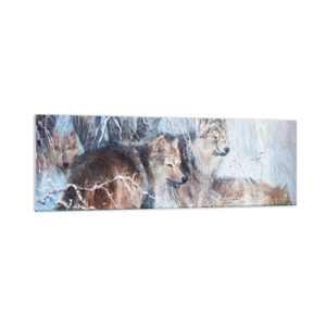 Cuadro sobre vidrio - Impresiones sobre Vidrio - Lobos en un bosque invernal con un fondo nevado - 160x50cm - ¡Cuidado! Aquí viene... - Decoración de pared moderna para salón y dormitorio ARTTOR