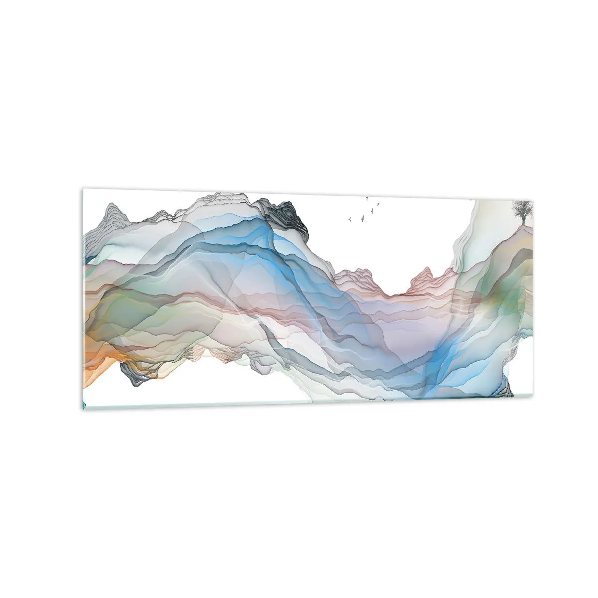 Cuadro sobre vidrio - Impresiones sobre Vidrio - Un paisaje sutil con montañas, agua y un barco. - 120x50cm - Hacia las montañas de cristal - Decoración de pared moderna para salón y dormitorio ARTTOR