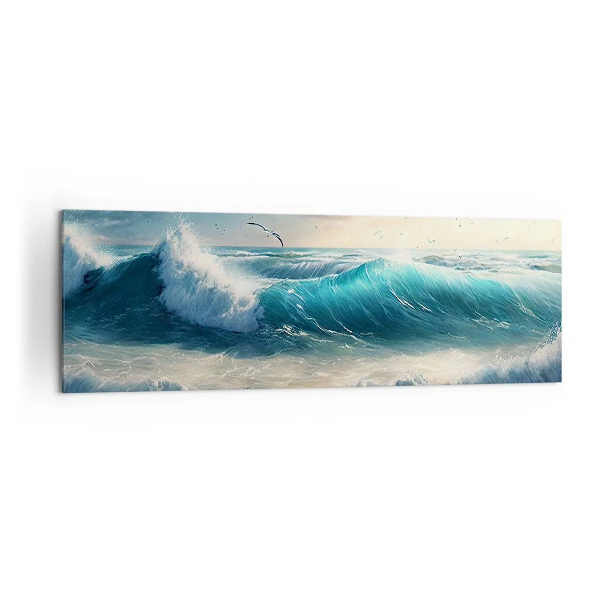 Cuadro sobre lienzo - Impresión de Imagen - Olas del mar en la playa bajo un cielo azul con gaviotas - 160x50cm - La brisa solo para ti - Decoración de pared moderna para salón y dormitorio ARTTOR