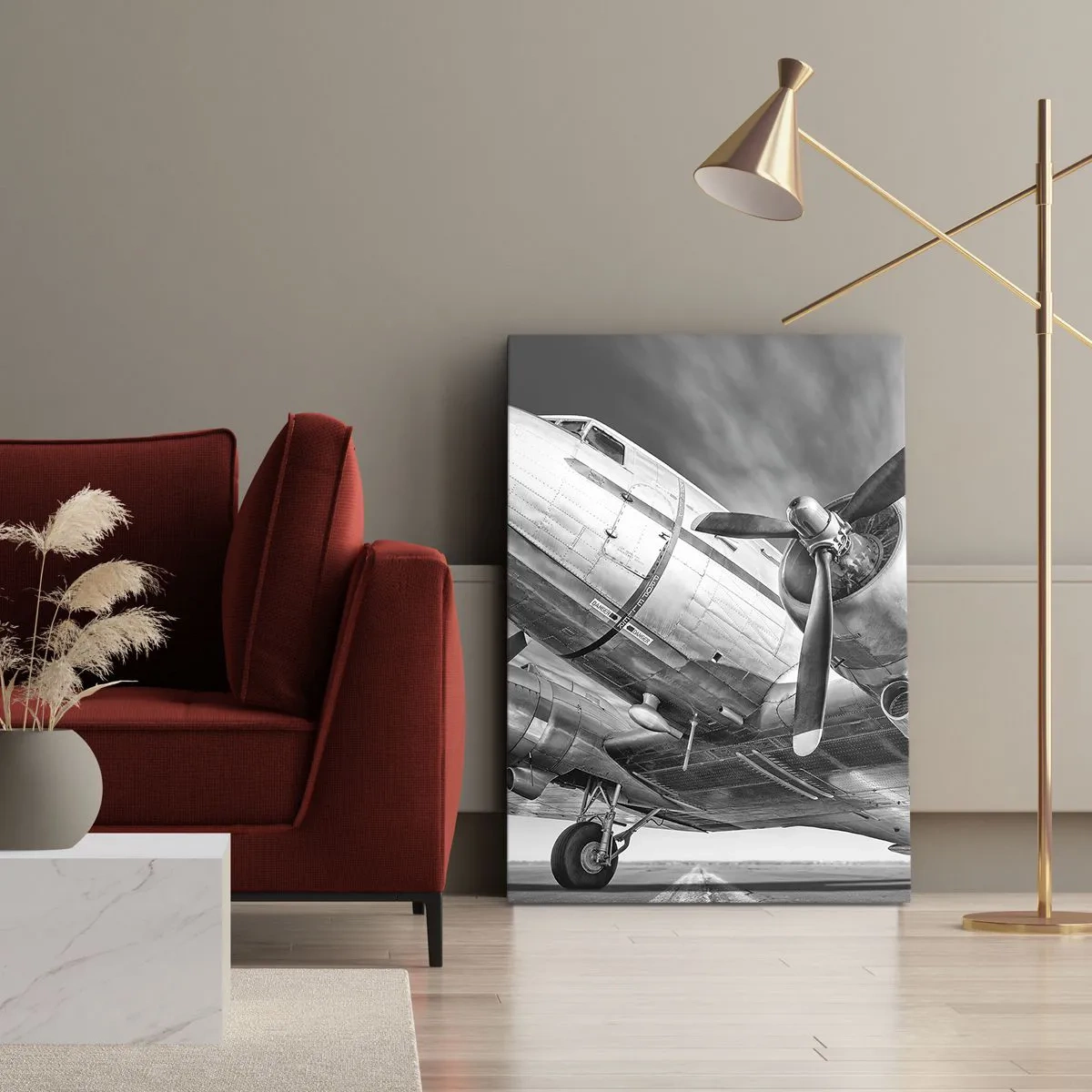Cuadro sobre lienzo - Impresión de Imagen - Una imagen en blanco y negro de un avión clásico con detalles estructurales visibles. - 70x100cm - Siempre listo para volar - Decoración de pared moderna para salón y dormitorio ARTTOR