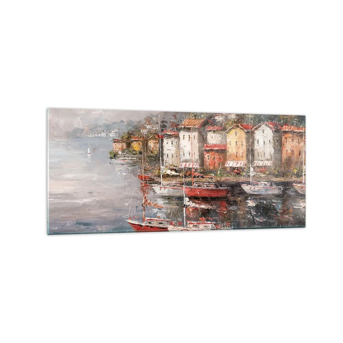 Cuadro sobre vidrio - Impresiones sobre Vidrio - Paisaje costero con barcos y casas de colores. - 120x50cm - Un refugio romántico - Decoración de pared moderna para salón y dormitorio ARTTOR