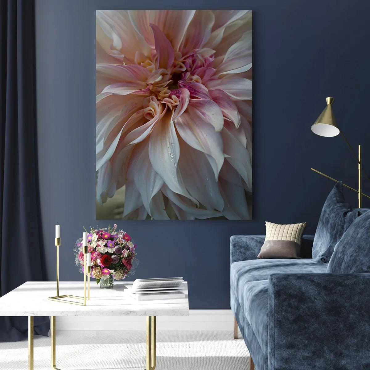Cuadro sobre vidrio - Impresiones sobre Vidrio - Primer plano de una flor rosa y crema con gotas de agua. - 50x70cm - Frescura floreciente - Decoración de pared moderna para salón y dormitorio ARTTOR