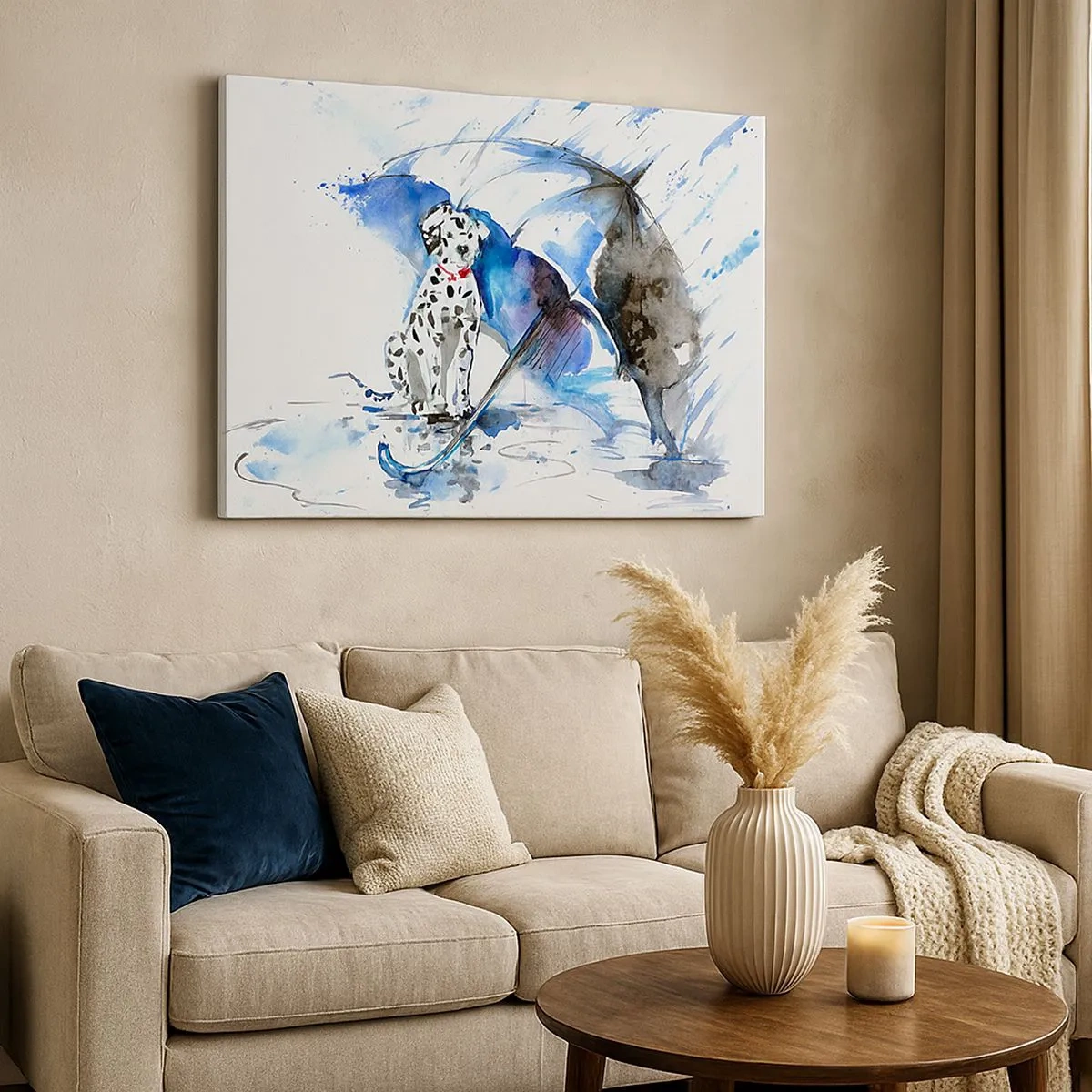 Cuadro sobre lienzo - Impresión de Imagen - Pintura de acuarela de un perro dálmata con un paraguas al fondo. - 70x50cm - Para eso está un amigo - Decoración de pared moderna para salón y dormitorio ARTTOR