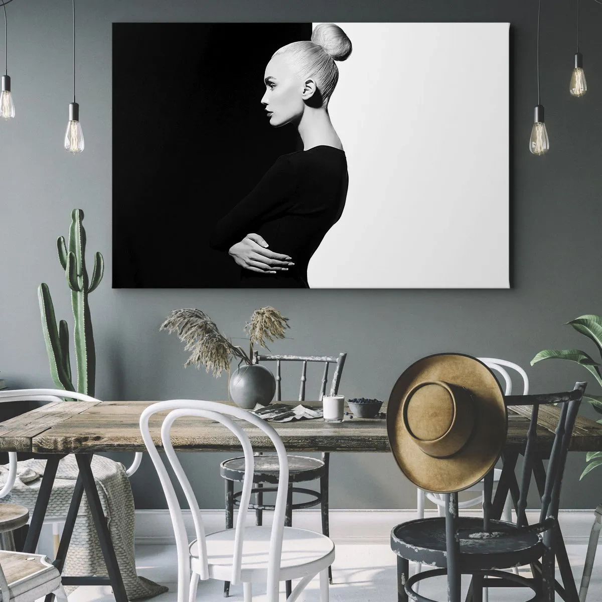 Cuadro sobre lienzo - Impresión de Imagen - Retrato elegante de una mujer sobre un fondo blanco y negro. - 70x50cm - Simplemente femenina - Decoración de pared moderna para salón y dormitorio ARTTOR