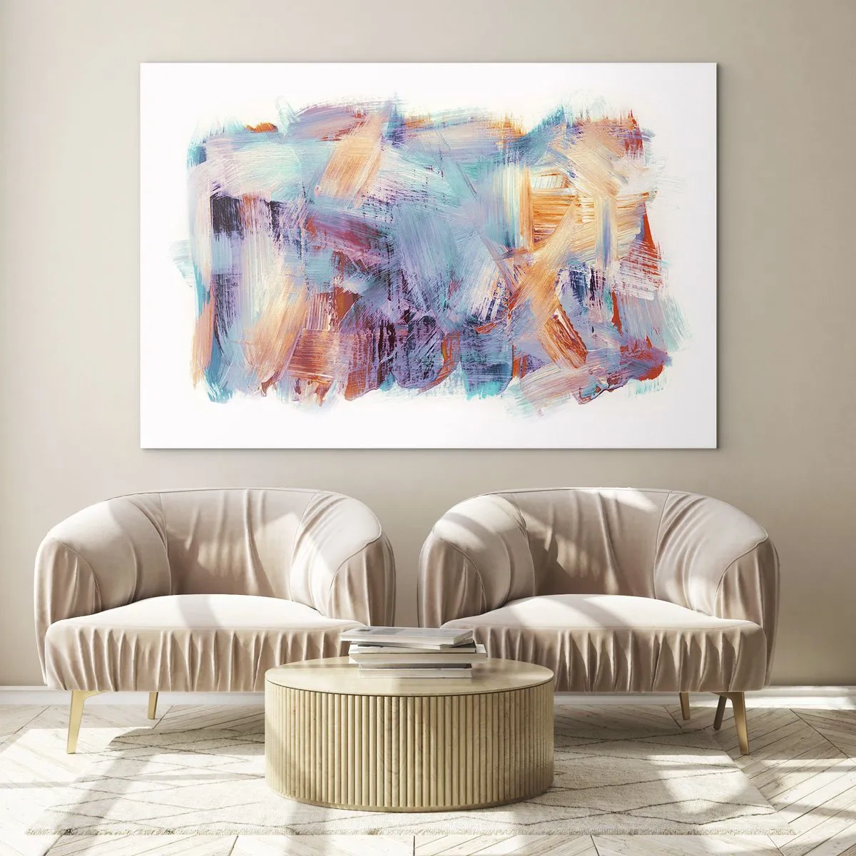 Cuadro sobre vidrio - Impresiones sobre Vidrio - Pinceladas coloridas en abstracción pastel - 100x70cm - Colorido desorden - Decoración de pared moderna para salón y dormitorio ARTTOR