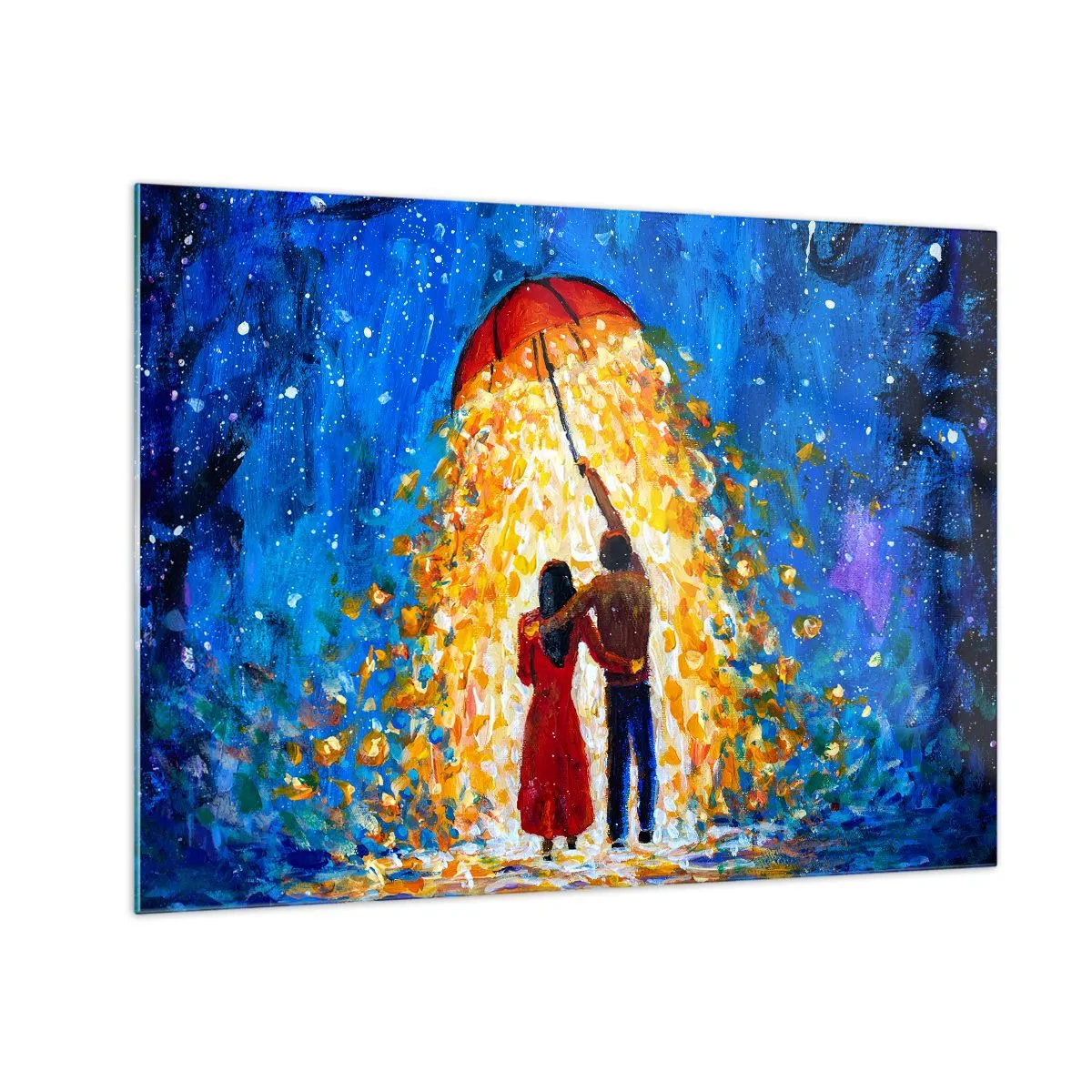 Cuadro sobre vidrio - Impresiones sobre Vidrio - Una pareja bajo una sombrilla rodeada de luz dorada contra el cielo nocturno. - 70x50cm - La magia de una tarde lluviosa - Decoración de pared moderna para salón y dormitorio ARTTOR