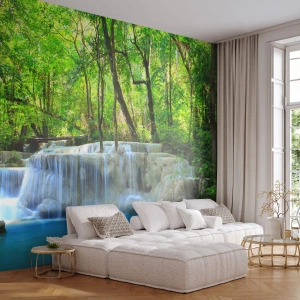 Fotomural Autadhesivo Deluxe Sticker - Ahogarse en turquesa y verde - Paisaje, Cascada, cascada - 450x315 cm