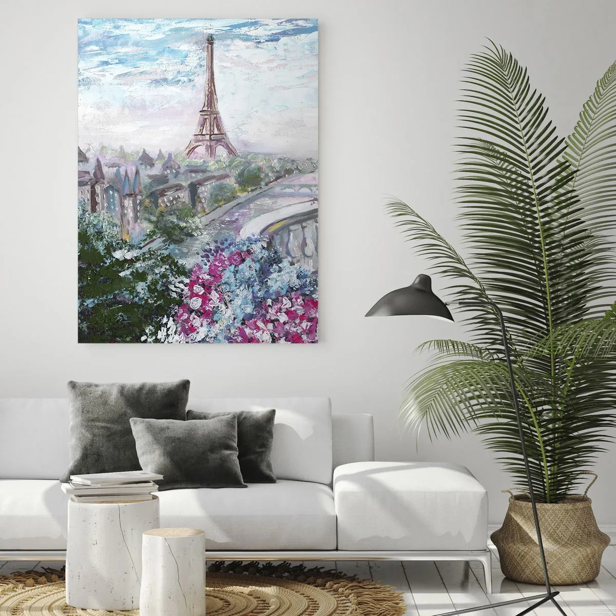 Cuadro sobre vidrio - Impresiones sobre Vidrio - Ilustración de una vista de la Torre Eiffel con un balcón lleno de flores. - 50x70cm - Mayo mágico en París - Decoración de pared moderna para salón y dormitorio ARTTOR
