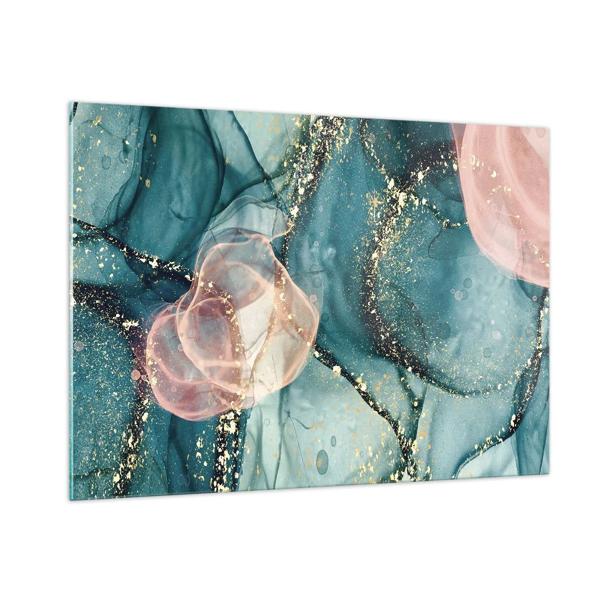 Cuadro sobre vidrio - Impresiones sobre Vidrio - Formas abstractas en azul y rosa con detalles dorados. - 100x70cm - Seda azul, tul rosa - Decoración de pared moderna para salón y dormitorio ARTTOR