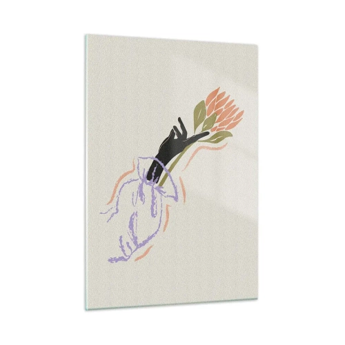 Cuadro sobre vidrio - Impresiones sobre Vidrio - Una mano estilizada con un ramo de flores dibujado con líneas pastel. - 50x70cm - Un toque fraternal - Decoración de pared moderna para salón y dormitorio ARTTOR