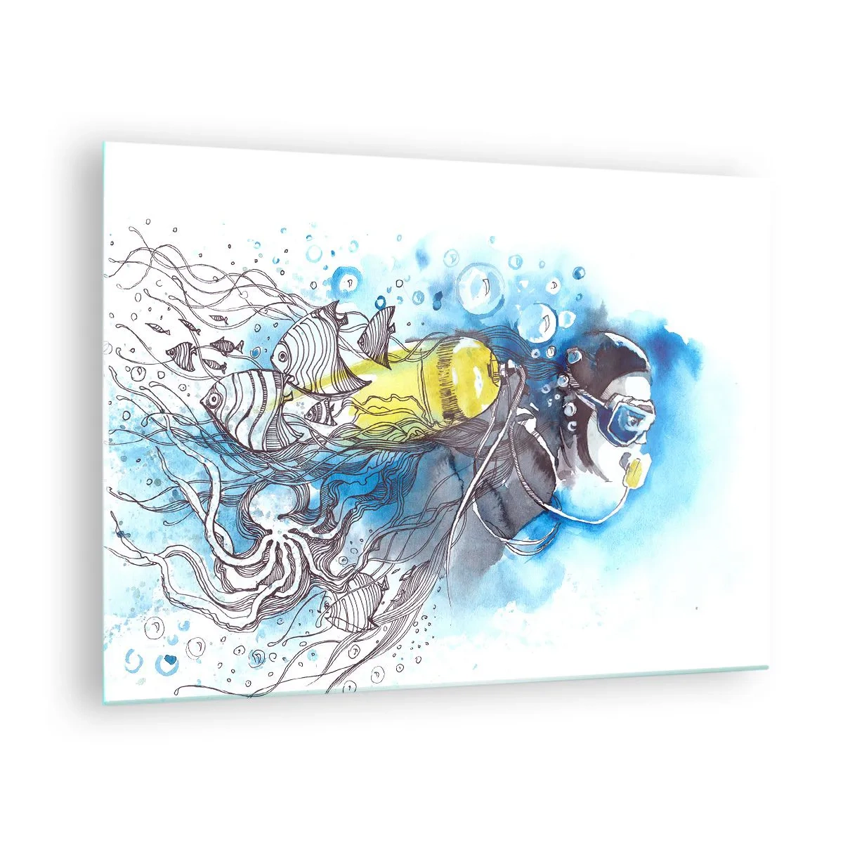 Cuadro sobre vidrio - Impresiones sobre Vidrio - Buceador bajo el agua con peces en acuarela artística. - 70x50cm - Sumergirse en lo desconocido - Decoración de pared moderna para salón y dormitorio ARTTOR