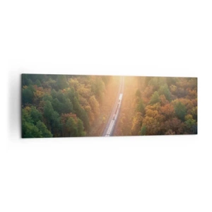 Cuadro sobre lienzo - Impresión de Imagen - Un tren en un bosque otoñal al amanecer. - 160x50cm - Un viaje otoñal - Decoración de pared moderna para salón y dormitorio ARTTOR