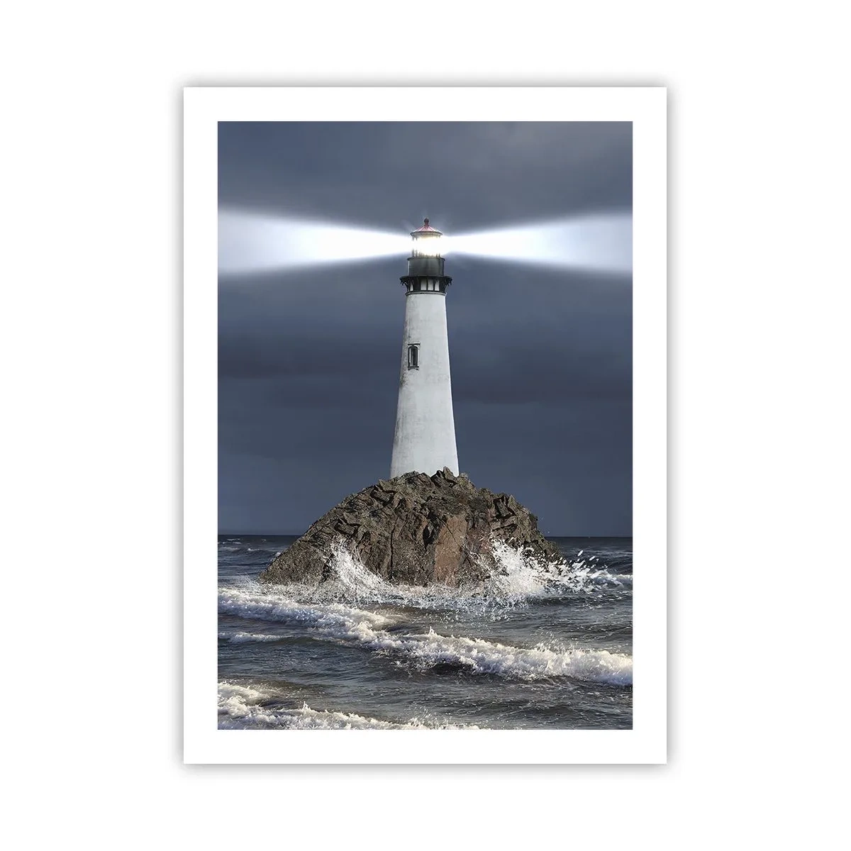 Póster - Un faro en una roca en medio de las fuertes olas. - 50x70cm - ¡Aquí... aquí... aquí! - Decoración de pared moderna para salón y dormitorio ARTTOR