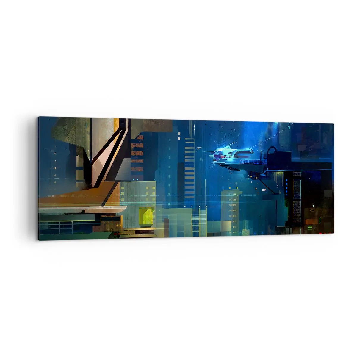 Cuadro sobre lienzo - Impresión de Imagen - Ciudad futurista de noche con luces de neón y un vehículo volador. - 140x50cm - En un futuro próximo - Decoración de pared moderna para salón y dormitorio ARTTOR