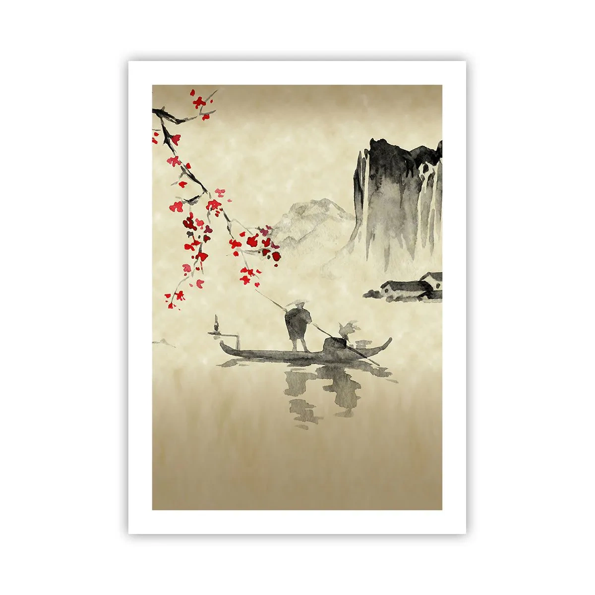 Póster - Escena oriental con pescadores en un barco. - 50x70cm - En el país de los cerezos en flor - Decoración de pared moderna para salón y dormitorio ARTTOR
