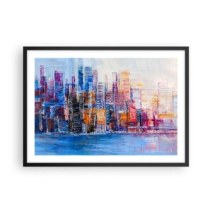 Póster en marco negro - Un panorama colorido de la ciudad con reflejos en el agua. - 70x50cm - Una metrópoli alegre - Decoración de pared moderna para salón y dormitorio ARTTOR