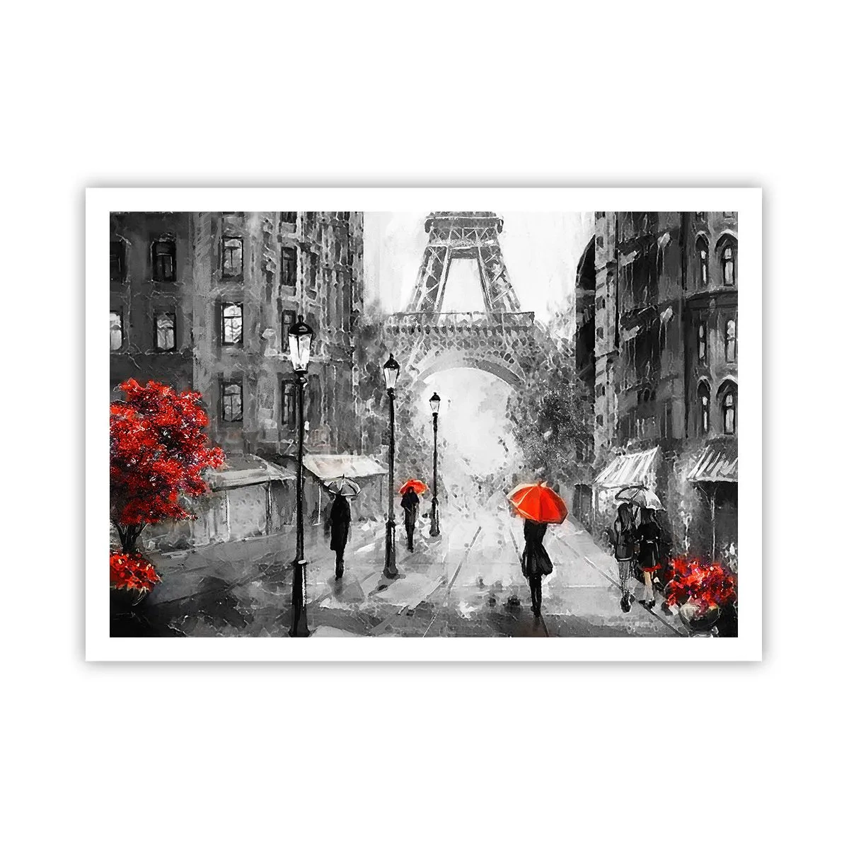 Póster - Una calle con vistas a la Torre Eiffel y sombrillas rojas. - 100x70cm - Todos los caminos conducen a ella - Decoración de pared moderna para salón y dormitorio ARTTOR