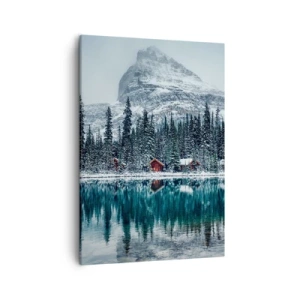 Cuadro sobre lienzo - Impresión de Imagen - Paisaje invernal con cabañas en el bosque junto a un lago congelado - 50x70cm - Retiro canadiense - Decoración de pared moderna para salón y dormitorio ARTTOR