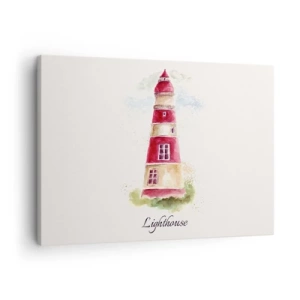 Cuadro sobre lienzo - Impresión de Imagen - Una pintura de acuarela de un faro sobre un fondo claro con una inscripción. - 70x50cm - Siempre observando - Decoración de pared moderna para salón y dormitorio ARTTOR