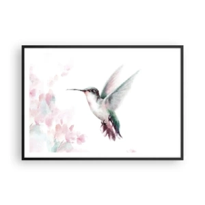 Póster en marco negro - Un colibrí en delicados colores pastel sobre un fondo de flores. - 100x70cm - Plasmando el aleteo - Decoración de pared moderna para salón y dormitorio ARTTOR