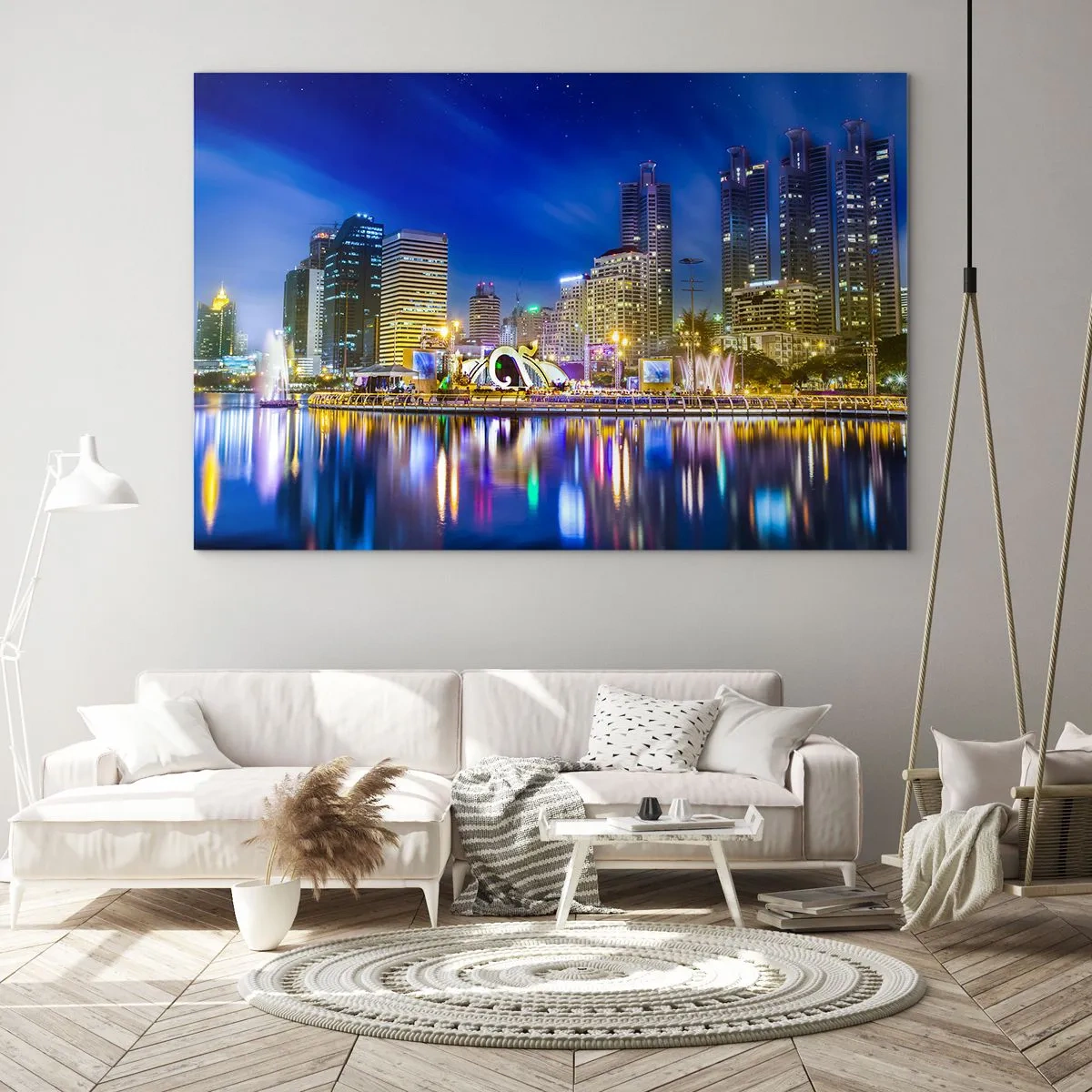 Cuadro sobre vidrio - Impresiones sobre Vidrio - Panorama de la ciudad de noche con las luces reflejadas en el agua. - 120x80cm - La noche del arco iris de la metrópoli - Decoración de pared moderna para salón y dormitorio ARTTOR
