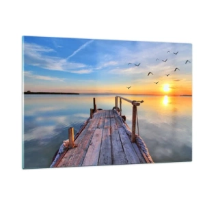 Cuadro sobre vidrio - Impresiones sobre Vidrio - Muelle de madera en el lago al atardecer - 120x80cm - Caminando hacia el sol - Decoración de pared moderna para salón y dormitorio ARTTOR