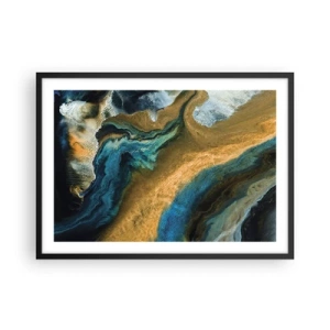 Póster en marco negro - Ondas abstractas en tonos dorados y azules. - 70x50cm - Azul - amarillo - influencia mutua - Decoración de pared moderna para salón y dormitorio ARTTOR