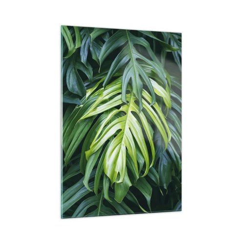 Cuadro sobre vidrio - Impresiones sobre Vidrio - Exuberantes hojas verdes de monstera bajo la luz natural. - 50x70cm - Sumérjase en la frescura - Decoración de pared moderna para salón y dormitorio ARTTOR