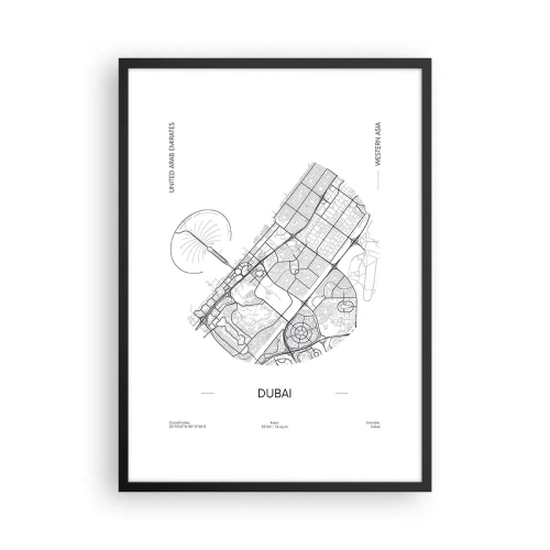 Póster en marco negro - Mapa minimalista en blanco y negro de Dubái - 50x70cm - Anatomía de Dubái - Decoración de pared moderna para salón y dormitorio ARTTOR