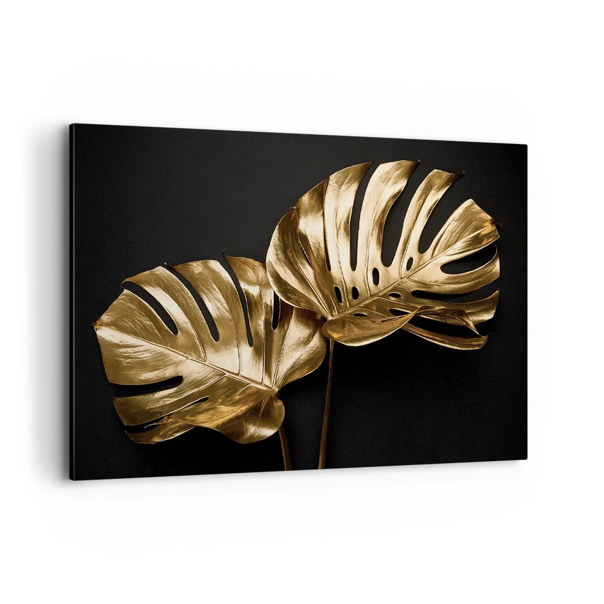 Cuadro sobre lienzo - Impresión de Imagen - Hojas de monstera doradas sobre fondo negro - 100x70cm - Tesoros de la naturaleza - Decoración de pared moderna para salón y dormitorio ARTTOR