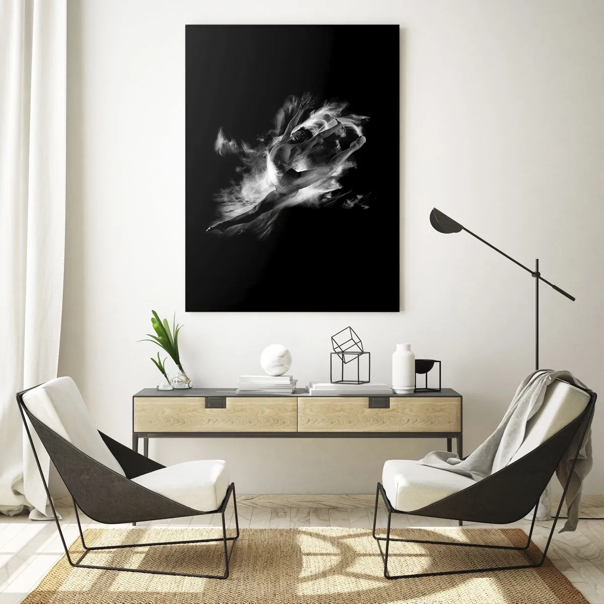 Cuadro sobre vidrio - Impresiones sobre Vidrio - Una bailarina en una pose dinámica sobre un fondo negro. - 80x120cm - El arte del vuelo - Decoración de pared moderna para salón y dormitorio ARTTOR