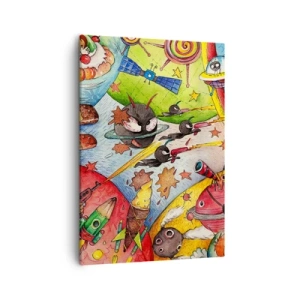 Cuadro sobre lienzo - Impresión de Imagen - Una escena espacial colorida llena de niños y naves espaciales. - 50x70cm - Una gran aventura cósmica - Decoración de pared moderna para salón y dormitorio ARTTOR