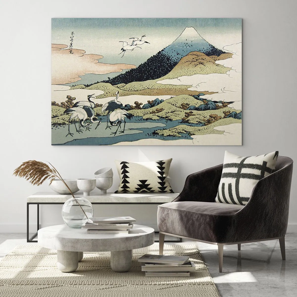 Cuadro sobre vidrio - Impresiones sobre Vidrio - Una pintura de pájaros en un paisaje japonés con vistas al monte Fuji. - 70x50cm - Alma japonesa - Decoración de pared moderna para salón y dormitorio ARTTOR