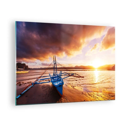 Cuadro sobre vidrio - Impresiones sobre Vidrio - Barco en la playa al atardecer con un cielo espectacular - 70x50cm - Después de un largo día, relájate en la arena - Decoración de pared moderna para salón y dormitorio ARTTOR