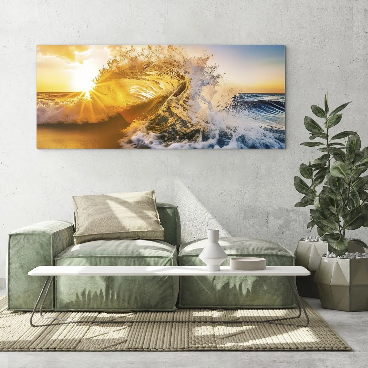 Cuadro sobre vidrio - Impresiones sobre Vidrio - Una ola dorada con el sol poniente como telón de fondo. - 160x50cm - Jugando en la arena - Decoración de pared moderna para salón y dormitorio ARTTOR