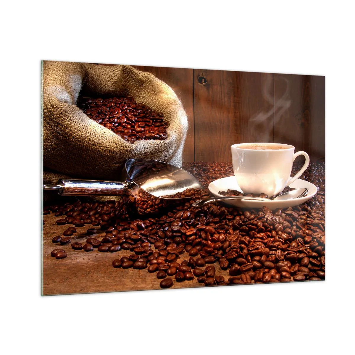 Cuadro sobre vidrio - Impresiones sobre Vidrio - Una taza de café sobre un fondo de frijoles y una bolsa de yute. - 100x70cm - ¿Hueles eso? - Decoración de pared moderna para salón y dormitorio ARTTOR