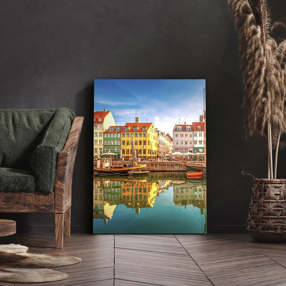 Cuadro sobre lienzo - Impresión de Imagen - Casas coloridas en los canales de Copenhague - 70x100cm - Sobre el agua tan suave como un espejo - Decoración de pared moderna para salón y dormitorio ARTTOR