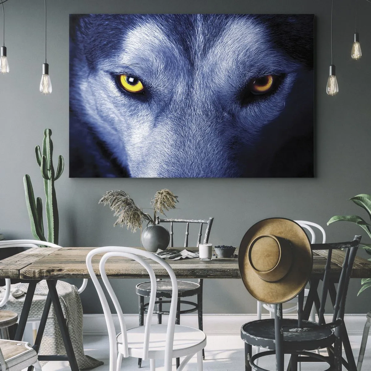 Cuadro sobre lienzo - Impresión de Imagen - Primer plano de la intensa mirada de un lobo sobre un fondo oscuro. - 70x50cm - La mirada hipnótica - Decoración de pared moderna para salón y dormitorio ARTTOR