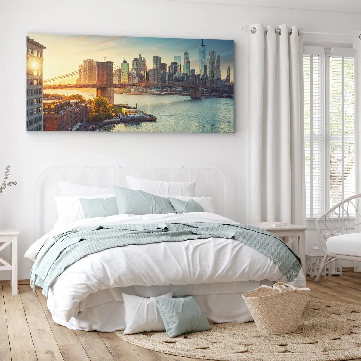 Cuadro sobre lienzo - Impresión de Imagen - Panorama de la ciudad con el puente al atardecer - 120x50cm - El amanecer de la gran ciudad - Decoración de pared moderna para salón y dormitorio ARTTOR