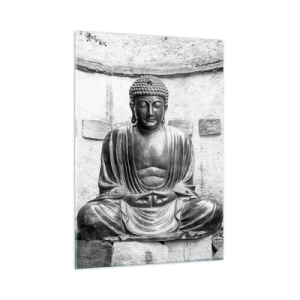Cuadro sobre vidrio - Impresiones sobre Vidrio - Estatua en blanco y negro de Buda en pose meditativa. - 50x70cm - En la fuente de la paz - Decoración de pared moderna para salón y dormitorio ARTTOR