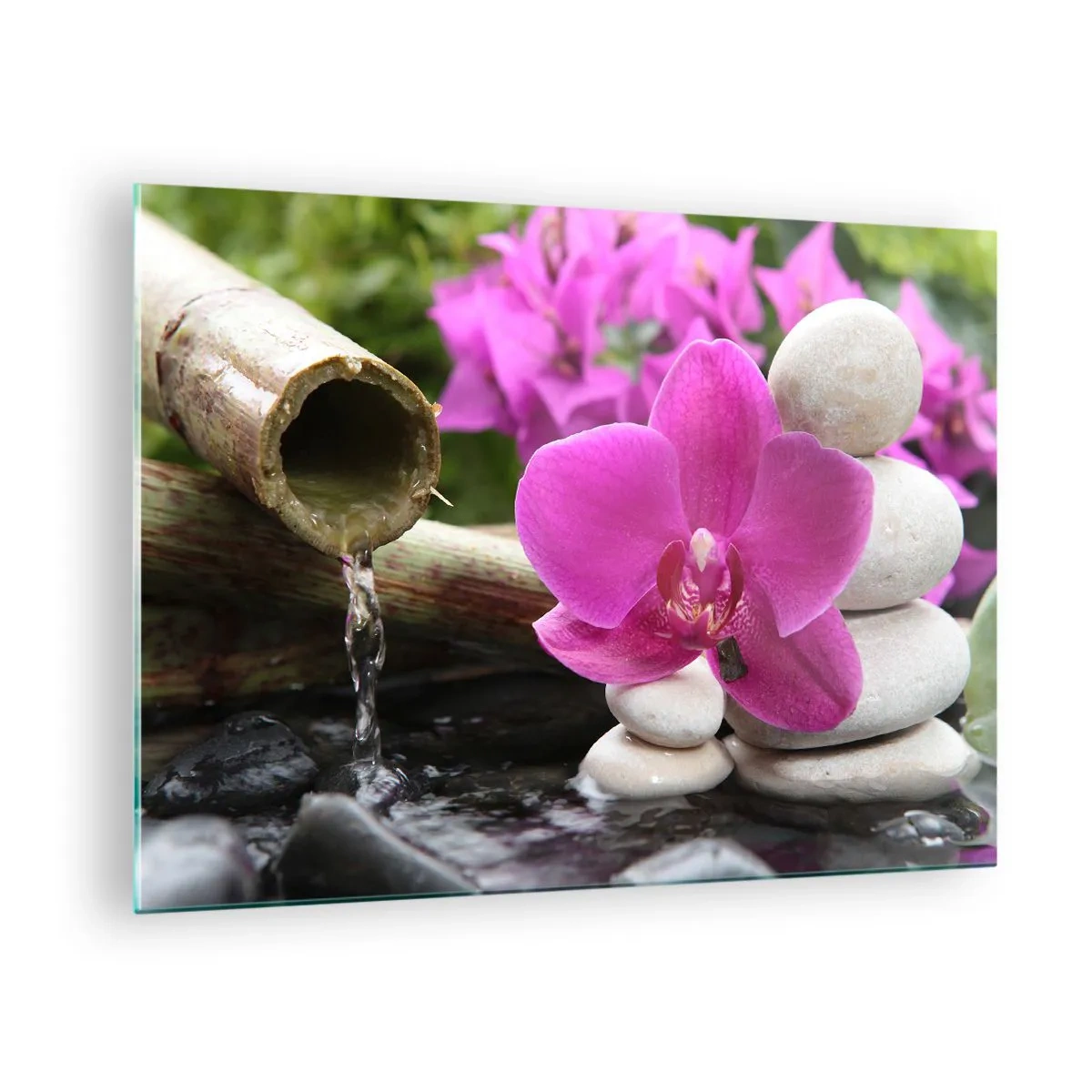 Cuadro sobre vidrio - Impresiones sobre Vidrio - Cascada de orquídeas moradas, piedras y bambú - 70x50cm - Ya estás descansando - Decoración de pared moderna para salón y dormitorio ARTTOR