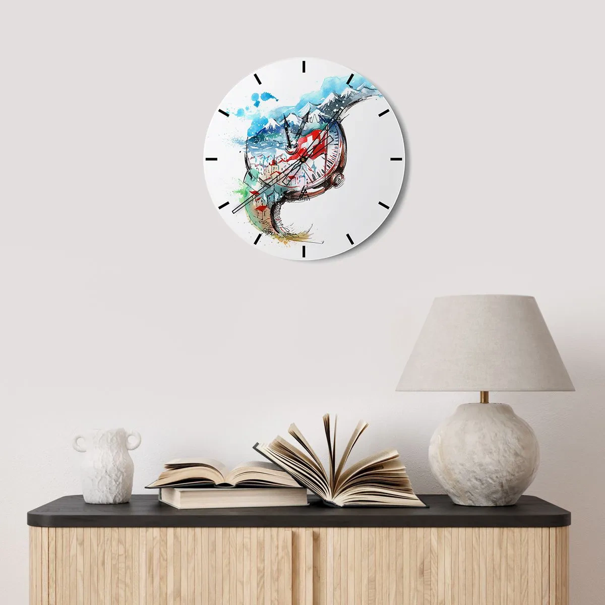 Reloj de pared - Reloj de vidrio - Paisaje suizo con montañas, bandera y casas pintorescas en estilo acuarela. - 30x30cm - El espíritu de Suiza - Decoración de pared moderna para salón, cocina y dormitorio ARTTOR