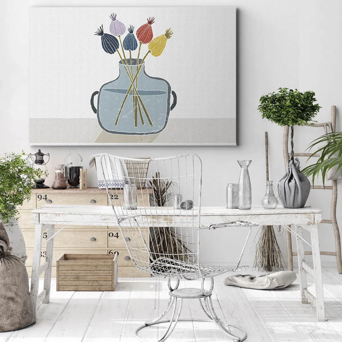 Cuadro sobre lienzo - Impresión de Imagen - Flores secas de colores en un jarrón sobre un fondo blanco. - 70x50cm - Como una semilla de amapola - Decoración de pared moderna para salón y dormitorio ARTTOR